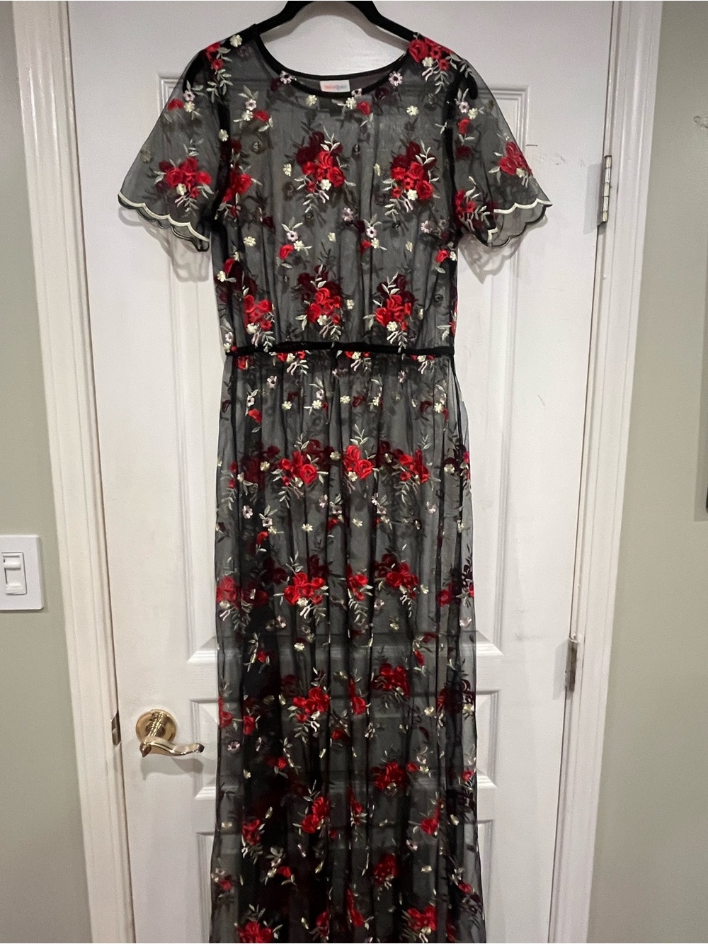 LuLaRoe Black Maxi Dress with Red and Green Floral Embroidery